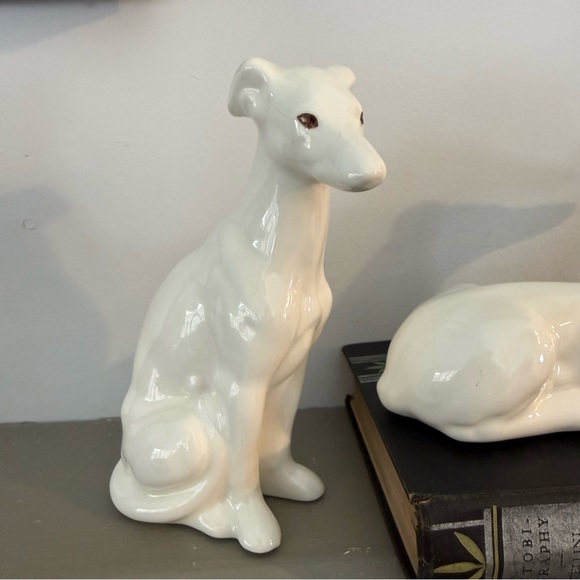2 Vintage White Ceramic Greyhound Whippet Figurines Minimalist 7.5” Statue - Picture 6 of 11